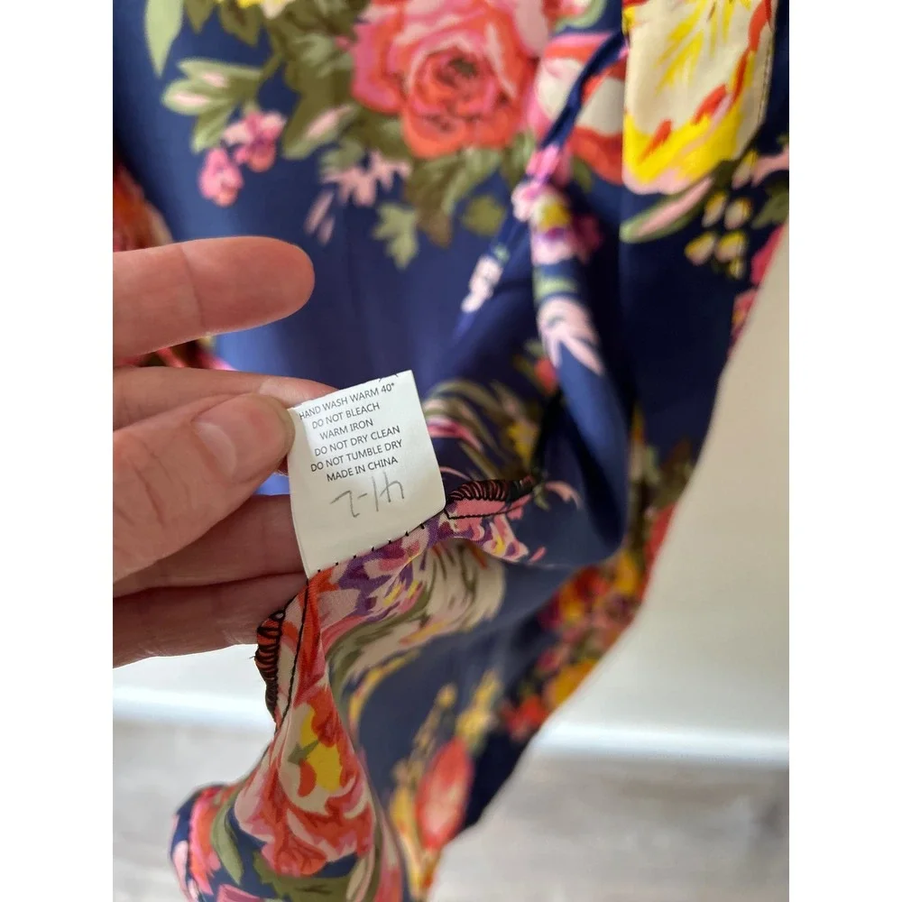 Navy Blue Floral Satin Kimono Robe Open Front Short Sleeve Boho Loungewear